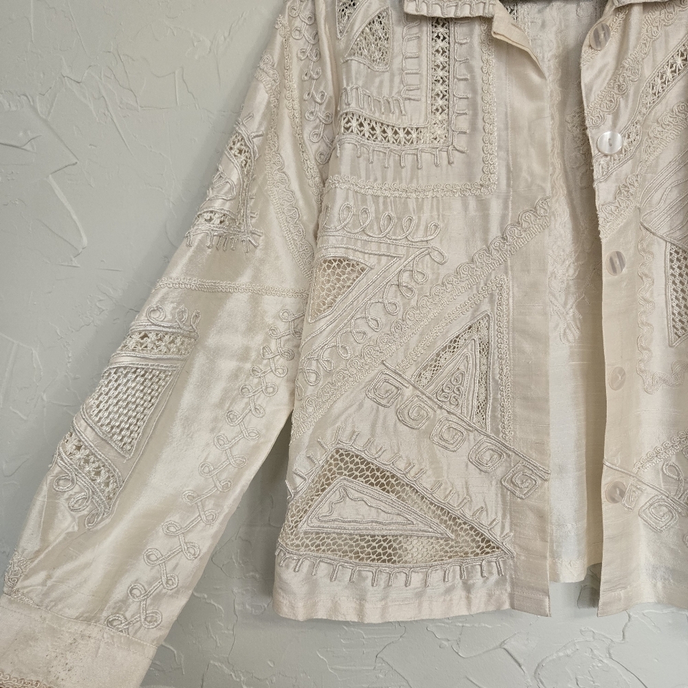 Vintage Silk Embroidered Lattice Cream Jacket, L - Picture 6 of 13